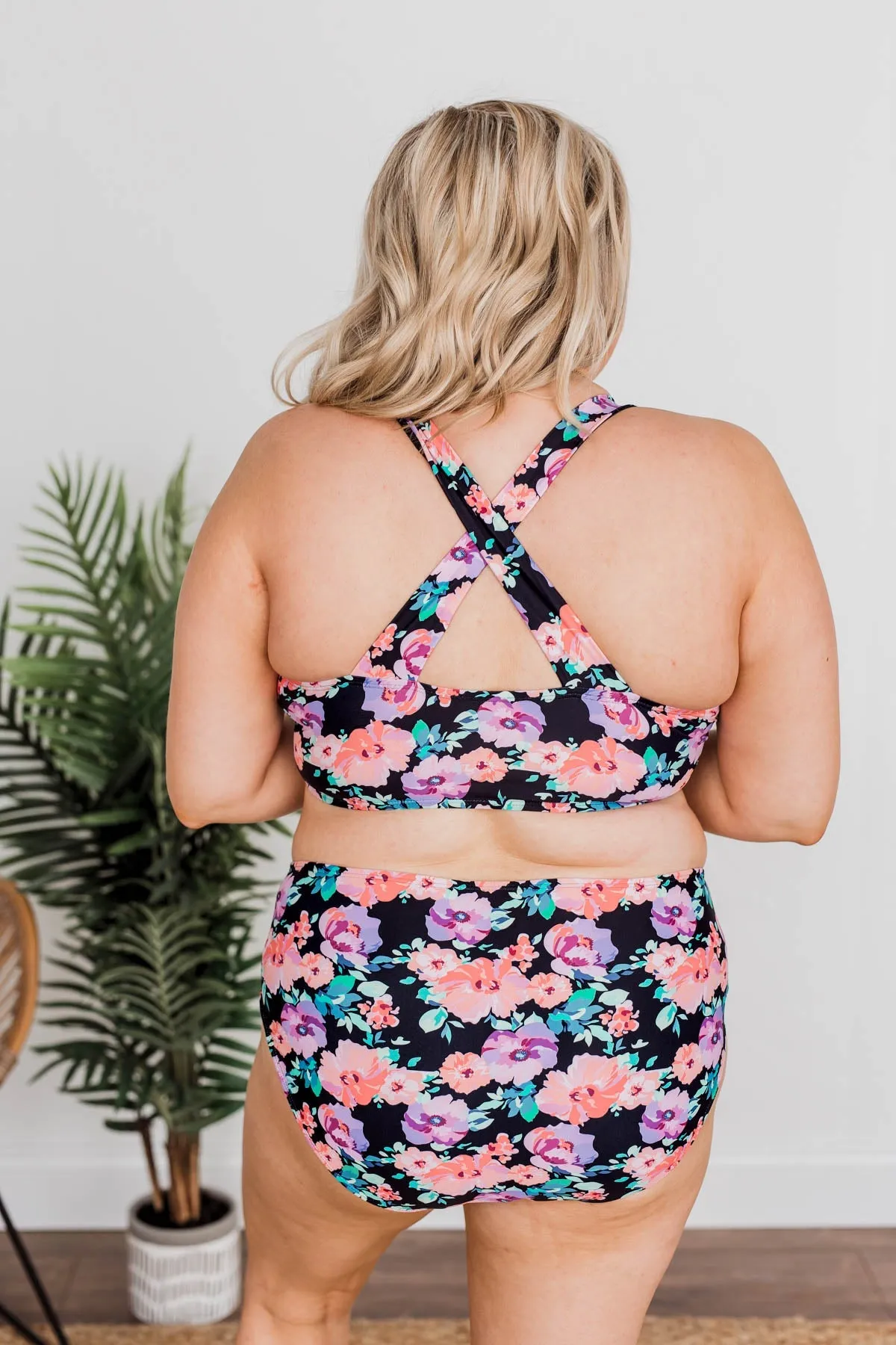 Tropical Breeze Floral Braided Swim Top- Black, Peach & Purple