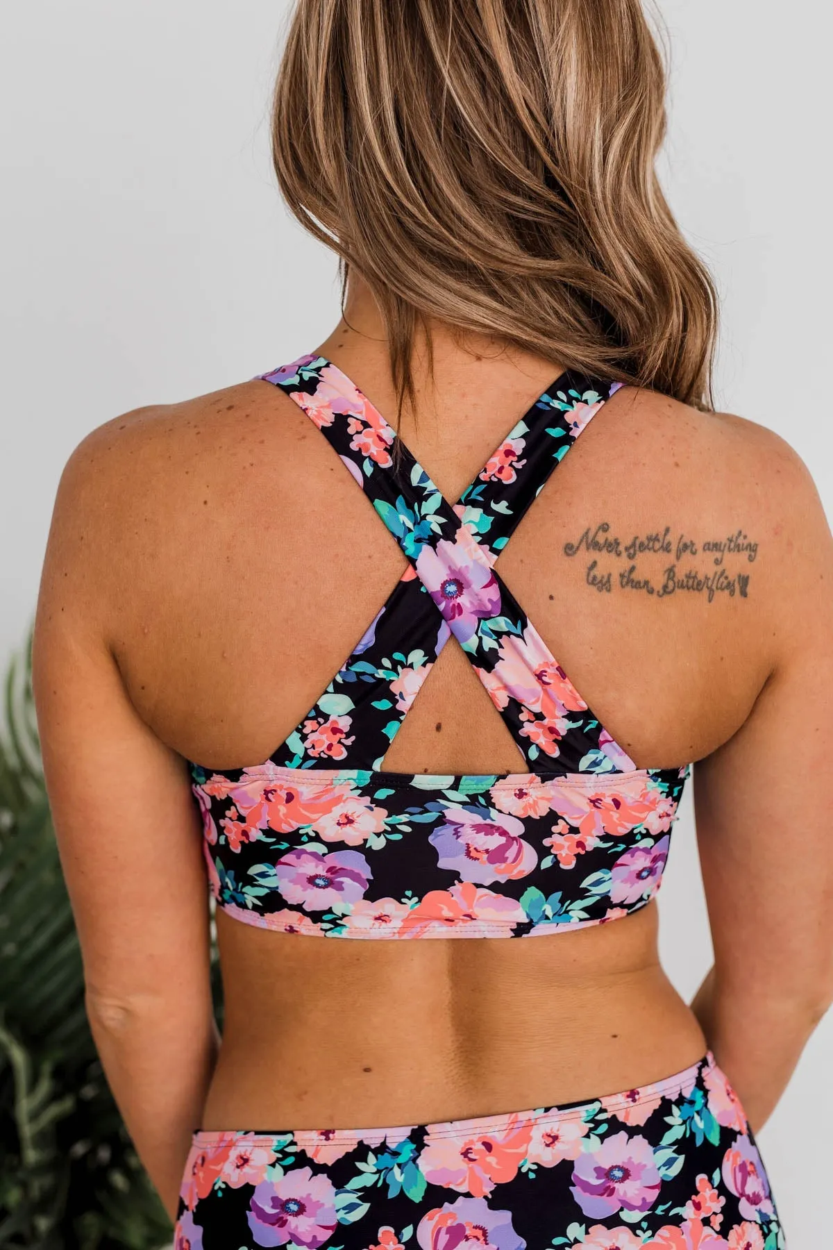 Tropical Breeze Floral Braided Swim Top- Black, Peach & Purple