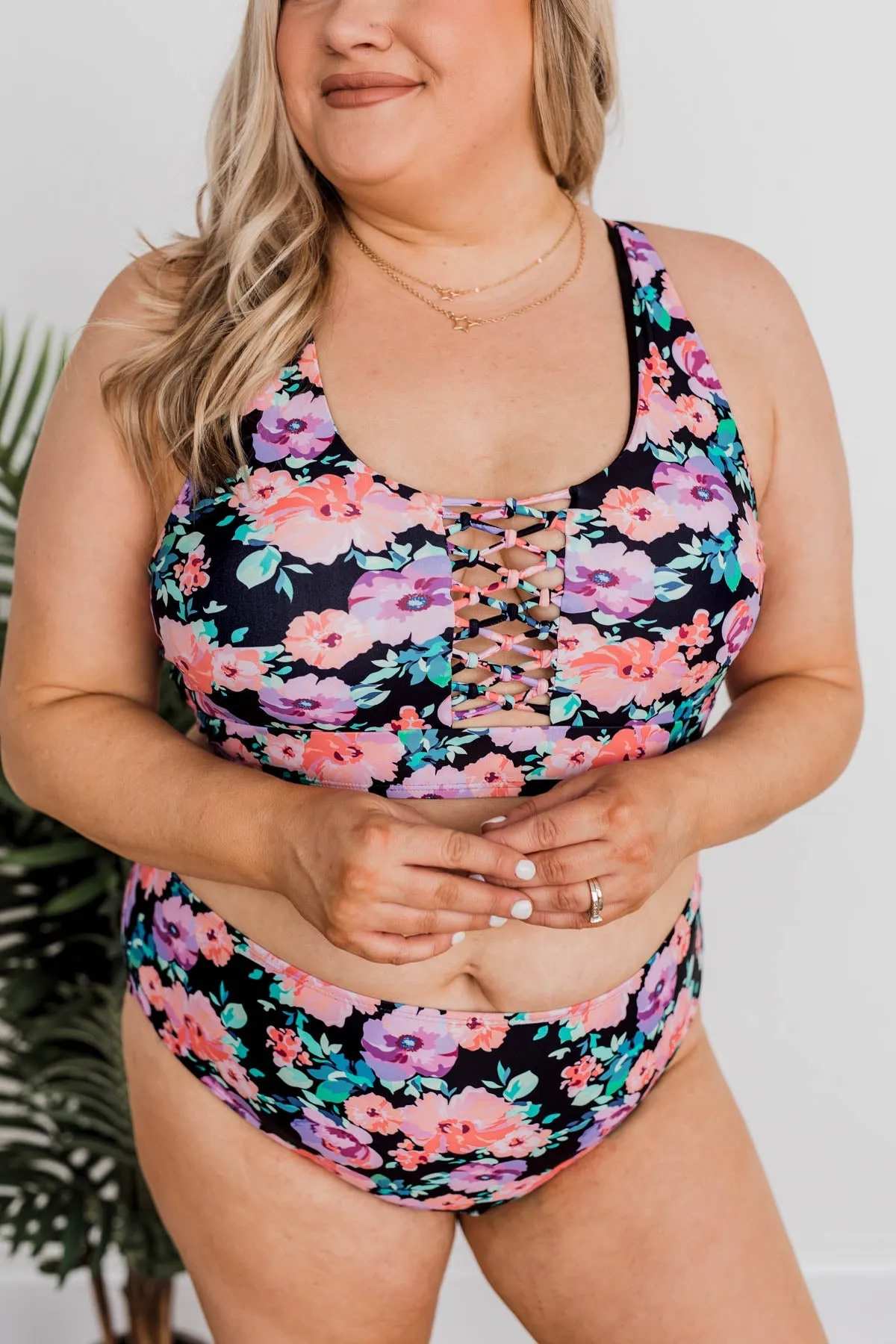 Tropical Breeze Floral Braided Swim Top- Black, Peach & Purple