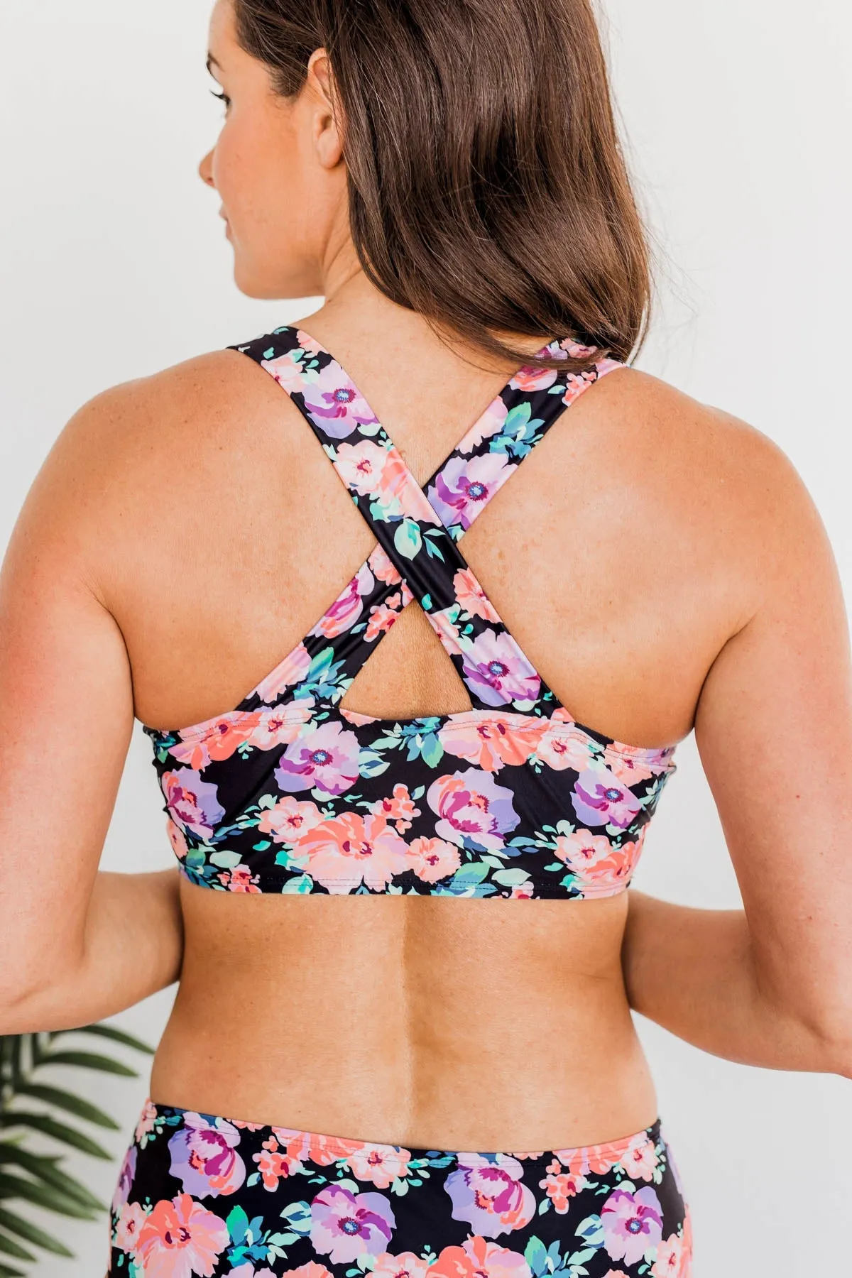 Tropical Breeze Floral Braided Swim Top- Black, Peach & Purple