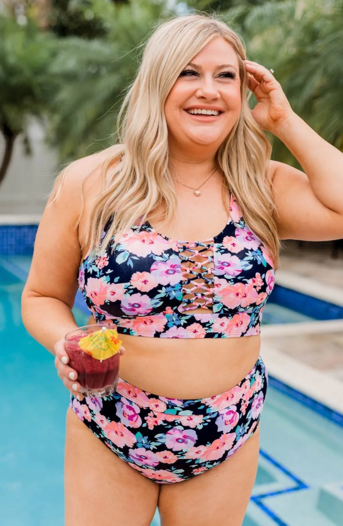 Tropical Breeze Floral Braided Swim Top- Black, Peach & Purple