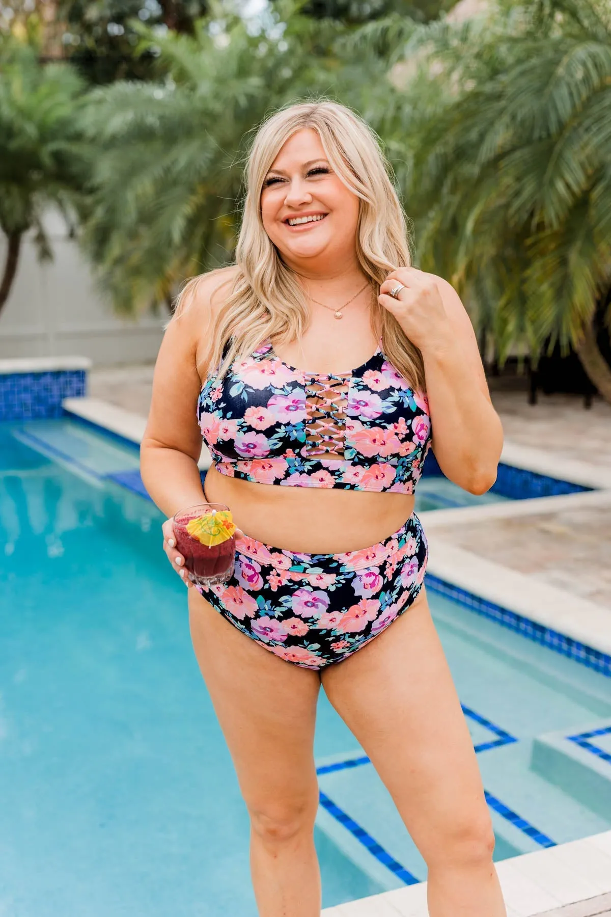 Tropical Breeze Floral Braided Swim Top- Black, Peach & Purple