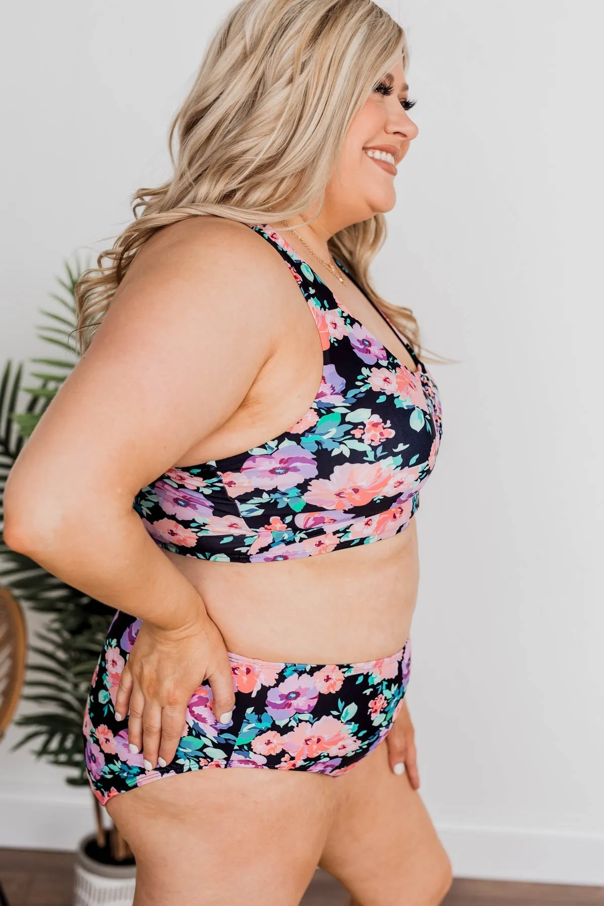 Tropical Breeze Floral Braided Swim Top- Black, Peach & Purple