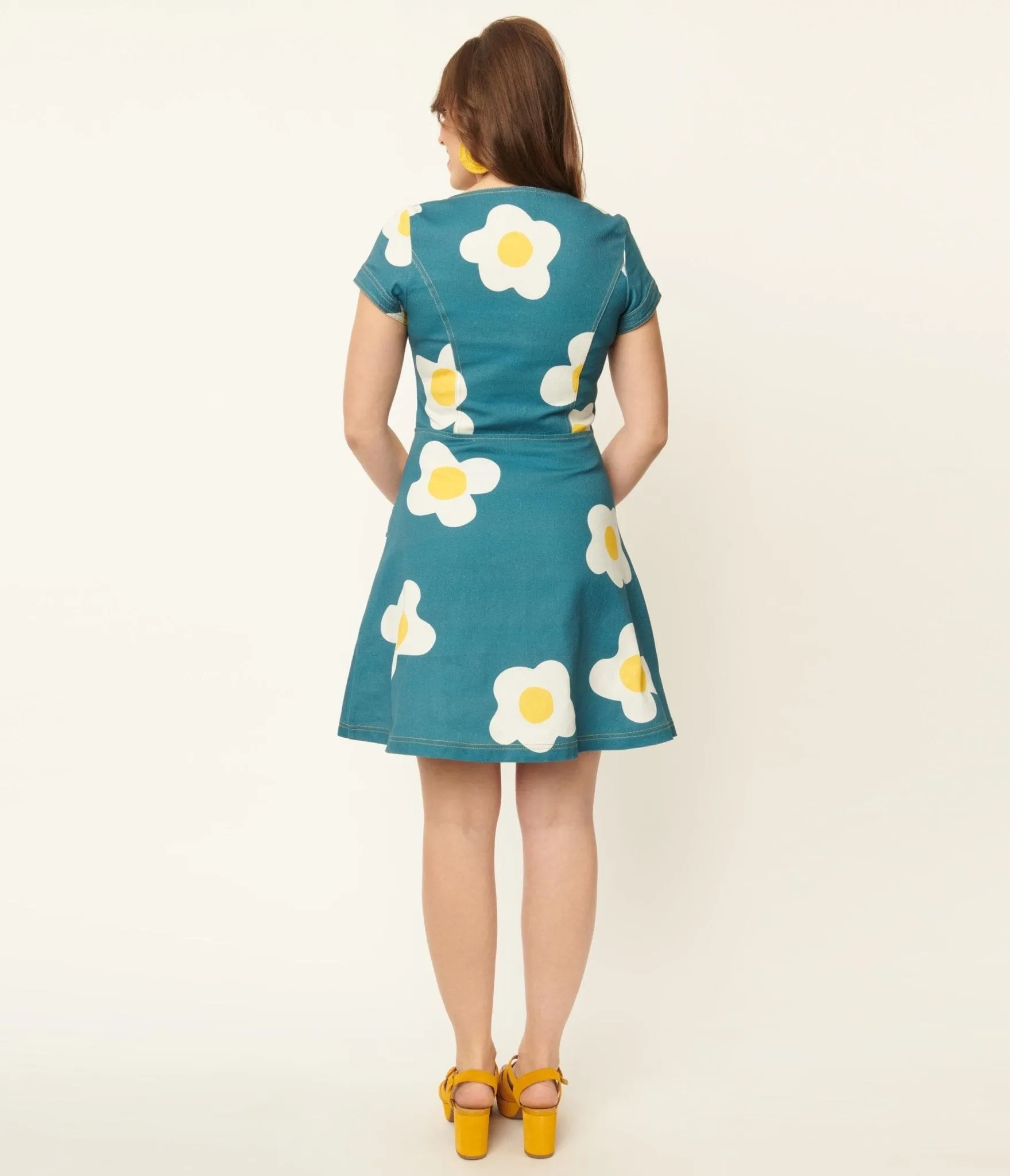 Unique Vintage 1970s Blue Denim & Egg Flower Print Flare Dress