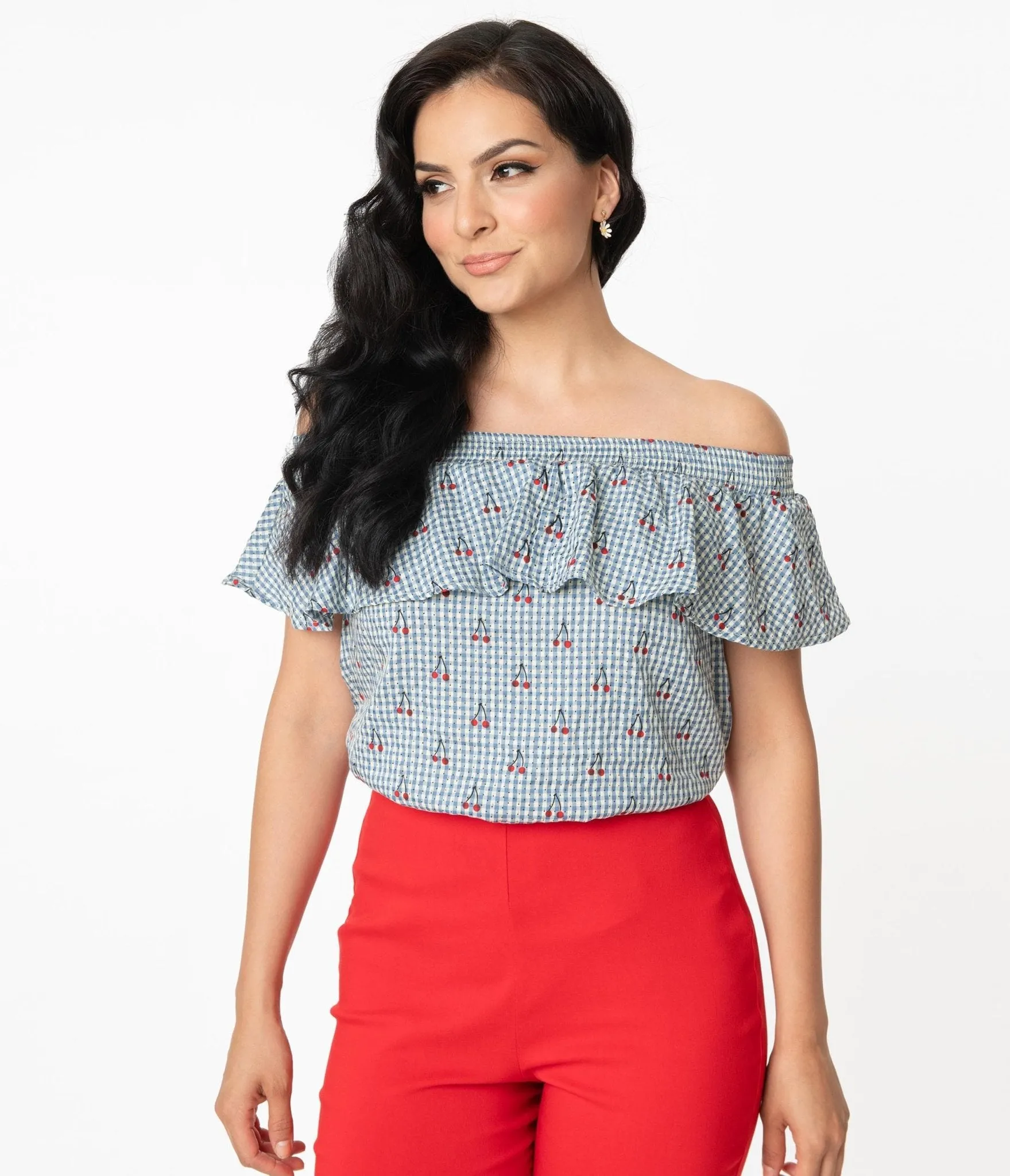 Unique Vintage Blue & White Gingham Cherry Print Luanne Top