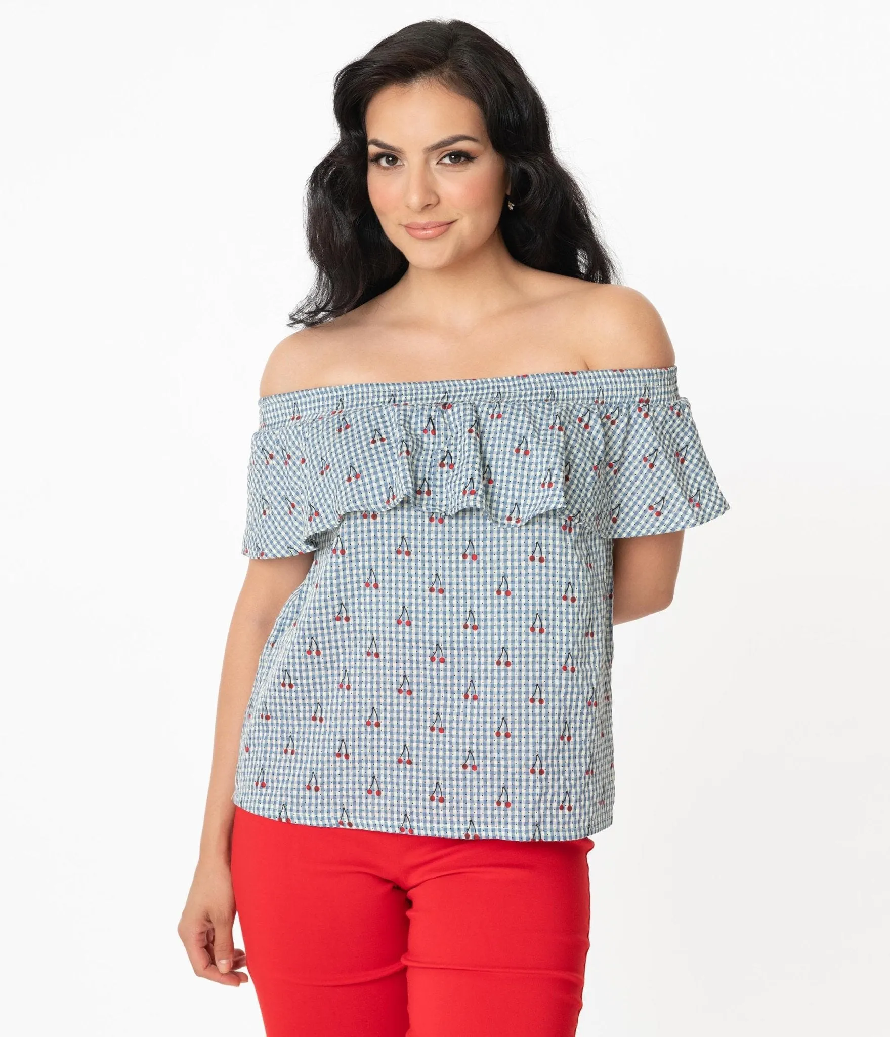 Unique Vintage Blue & White Gingham Cherry Print Luanne Top