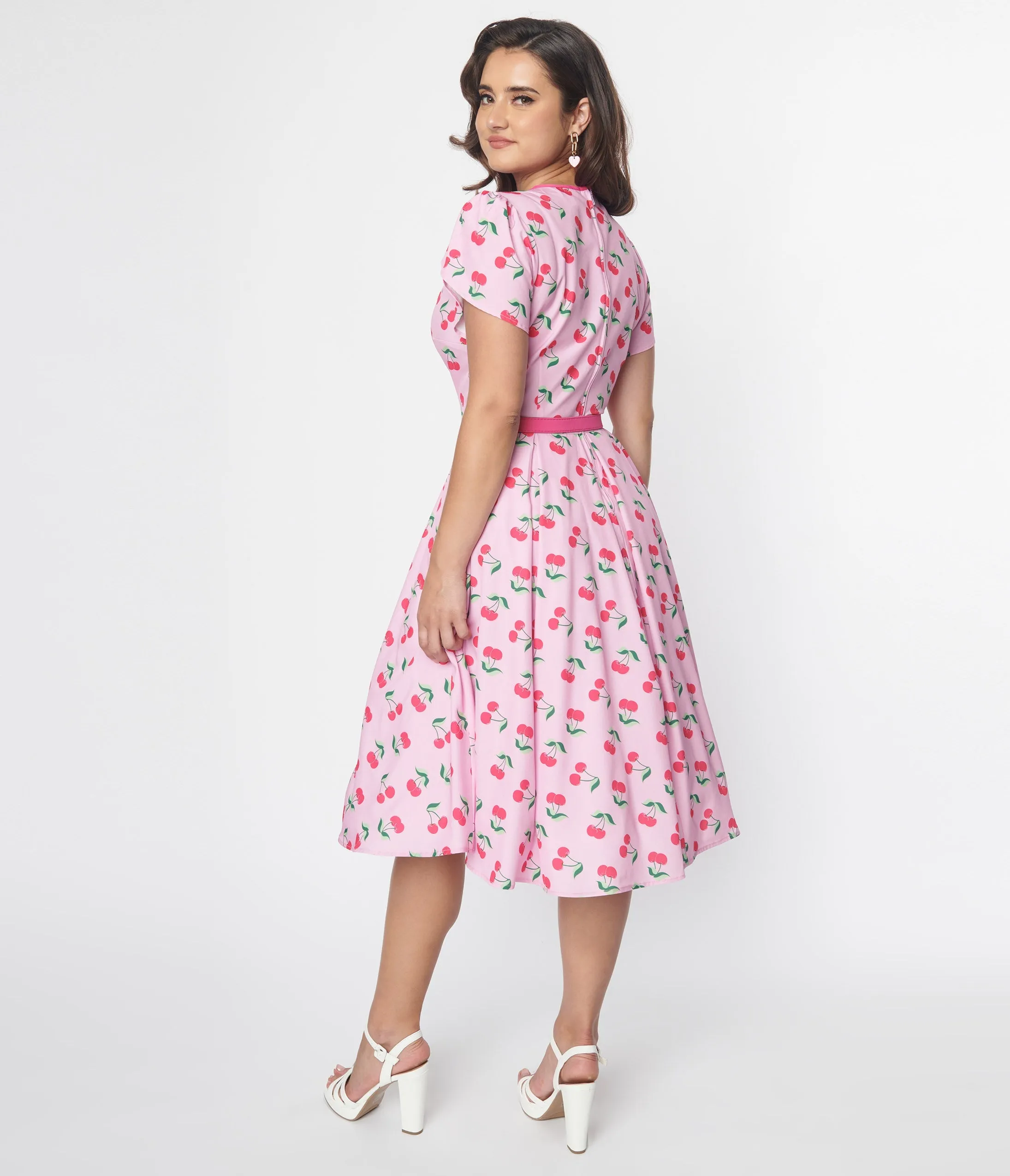 Unique Vintage Lavender & Hot Pink Cherry Print Dahlia Swing Dress