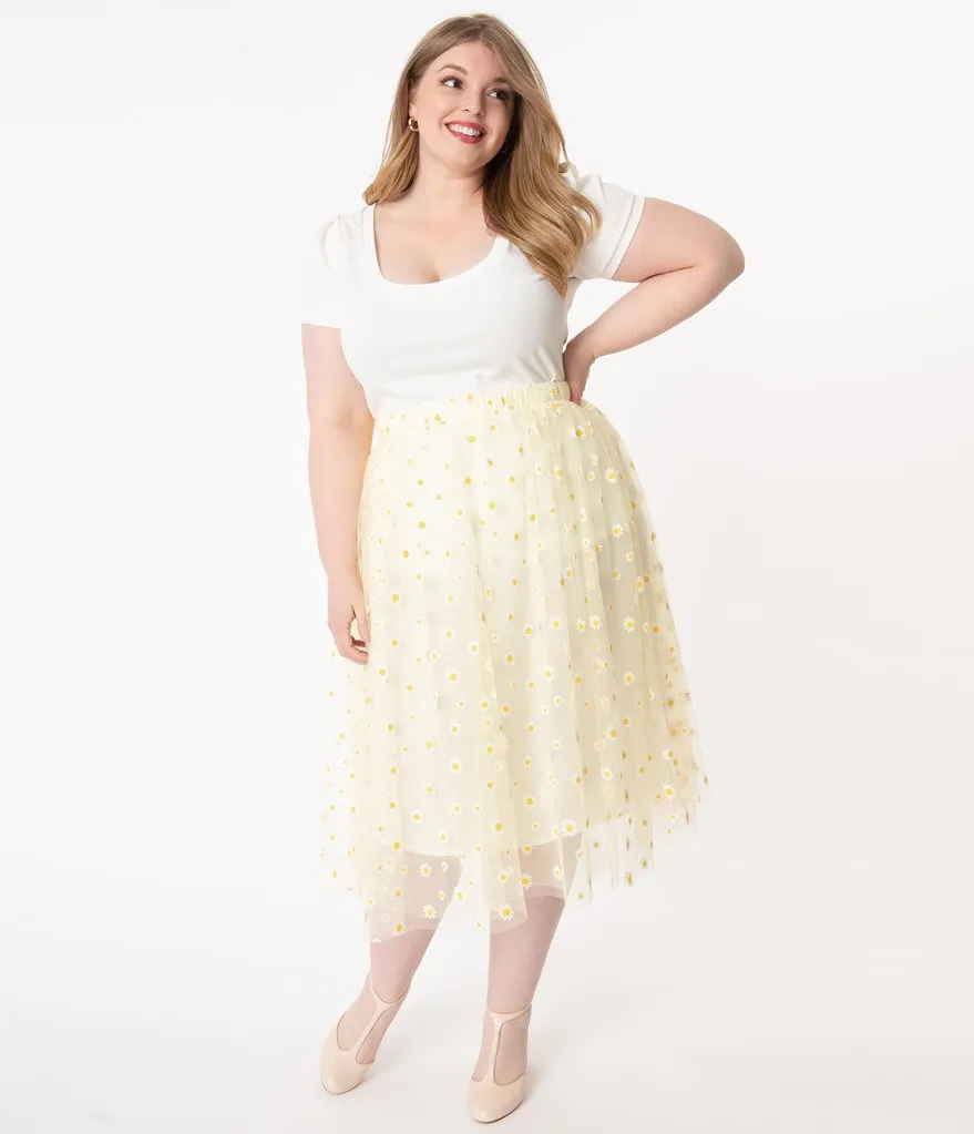 Unique Vintage Yellow & White Daisy Print Tulle Hilty Skirt