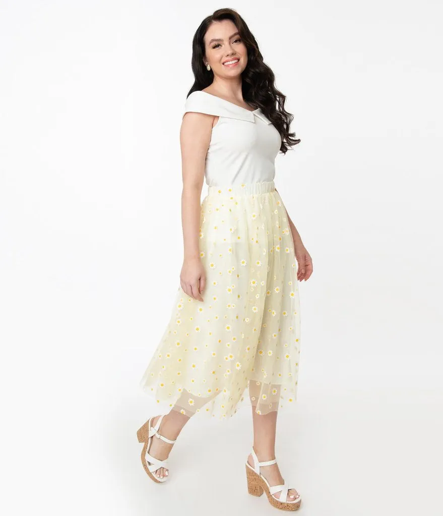 Unique Vintage Yellow & White Daisy Print Tulle Hilty Skirt