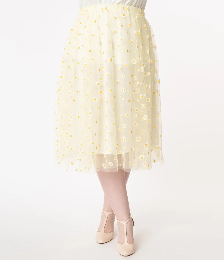 Unique Vintage Yellow & White Daisy Print Tulle Hilty Skirt