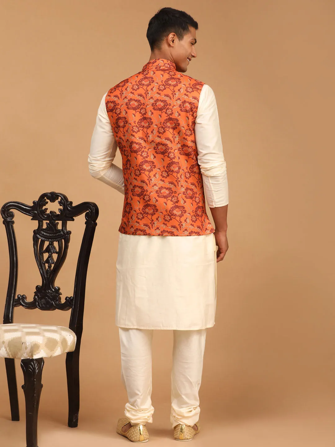 VASTRAMAY Men's Rust Printed Nehru Jacket With Cream Solid kurta & Pyjama Set