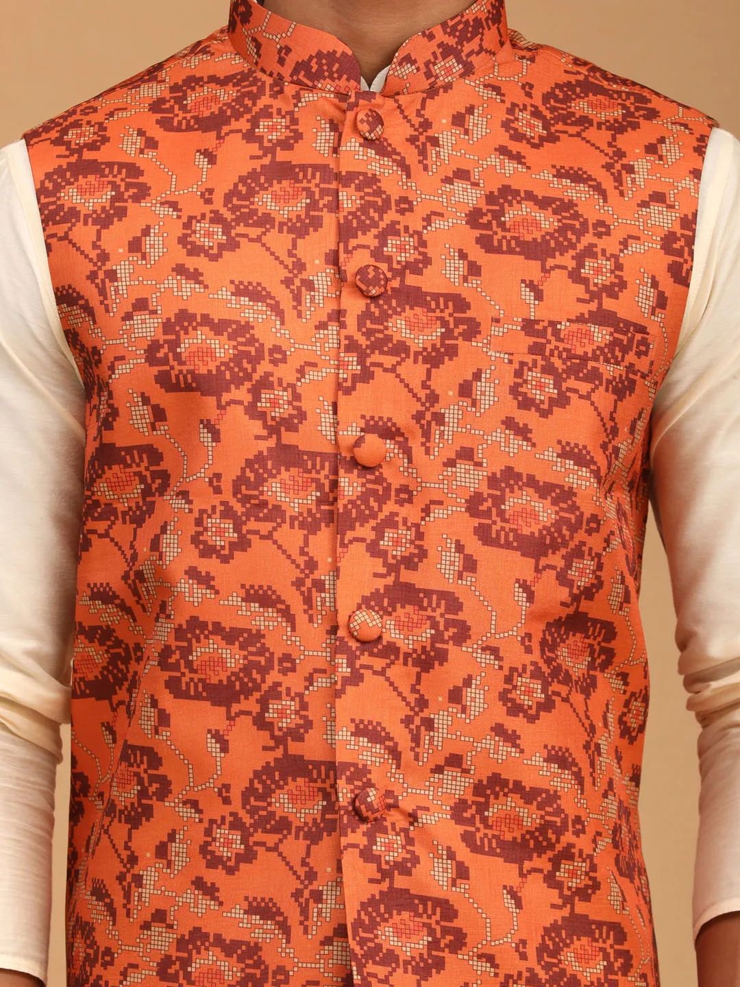 VASTRAMAY Men's Rust Printed Nehru Jacket With Cream Solid kurta & Pyjama Set