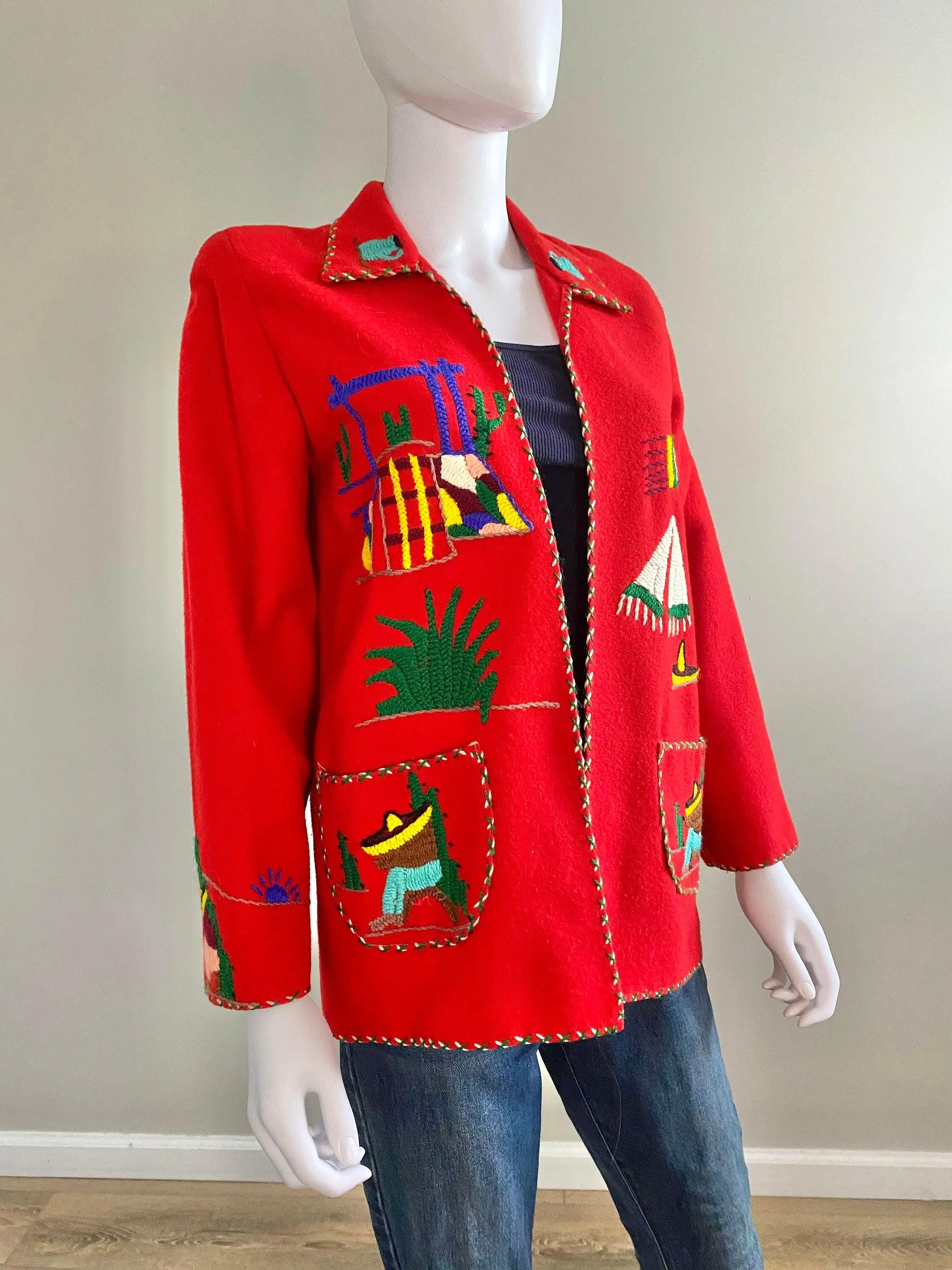 Vintage 1950s Red Mexican Souvenir Jacket / 50s red novelty print coat / 1950s red blazer / Size S