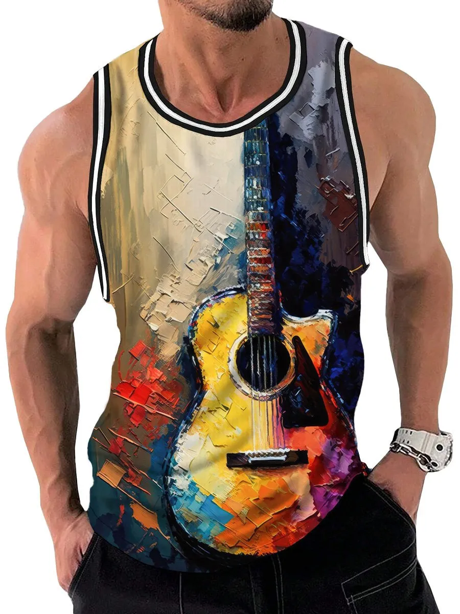 Vintage Oil Painting Guitar Print Crew Neck Tank Top