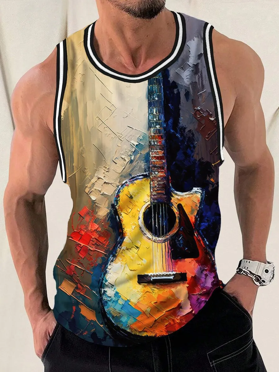 Vintage Oil Painting Guitar Print Crew Neck Tank Top