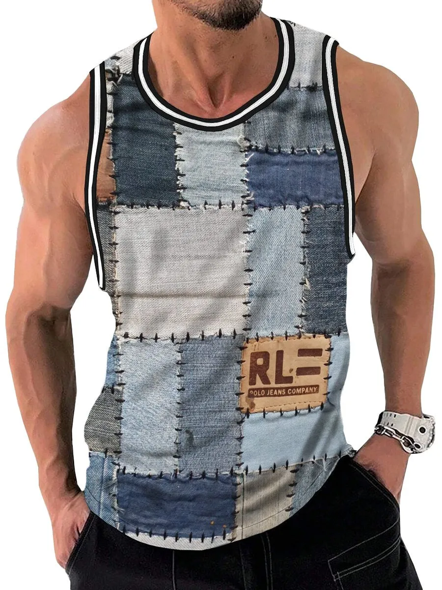 Vintage Patchwork Denim Texture Print Crew Neck Tank Top