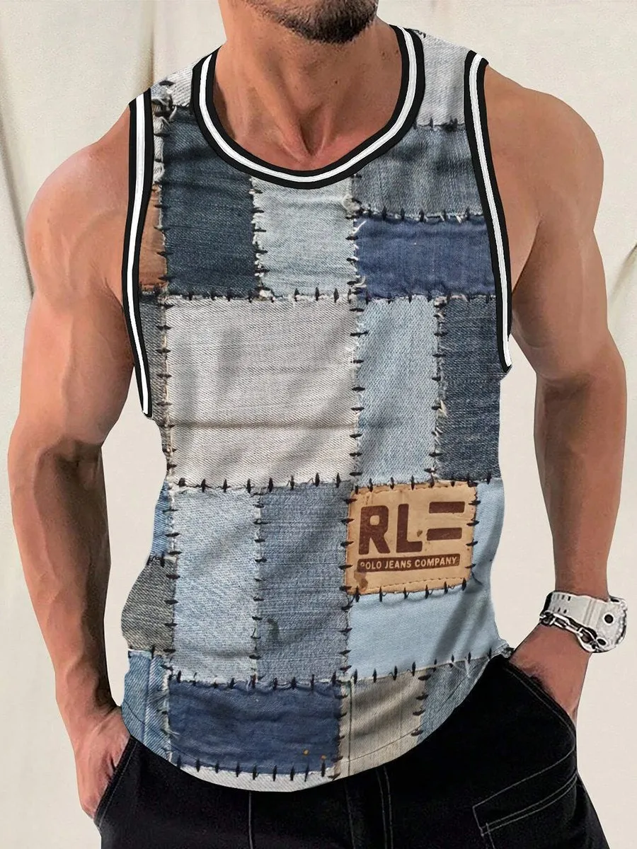 Vintage Patchwork Denim Texture Print Crew Neck Tank Top