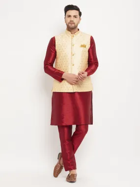 VM BY VASTRAMAY Men's Gold Zari Weaved Jacket With Kurta Pant Set