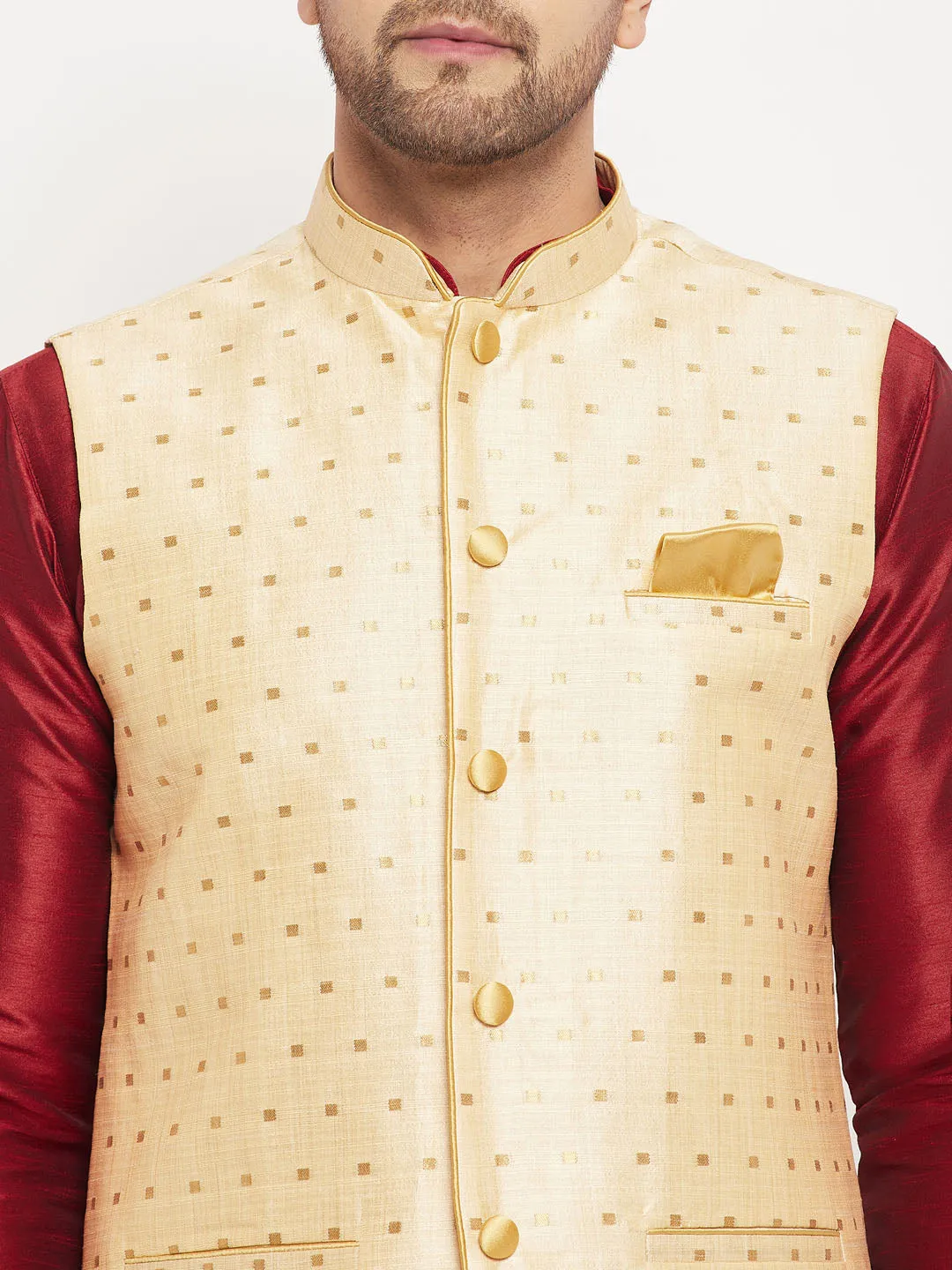 VM BY VASTRAMAY Men's Gold Zari Weaved Jacket With Kurta Pant Set