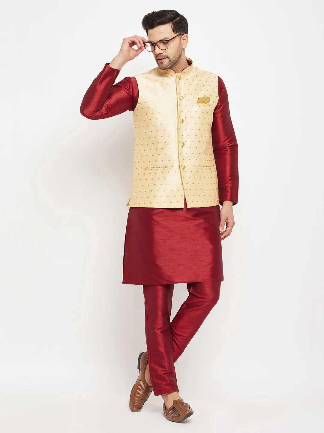 VM BY VASTRAMAY Men's Gold Zari Weaved Jacket With Kurta Pant Set