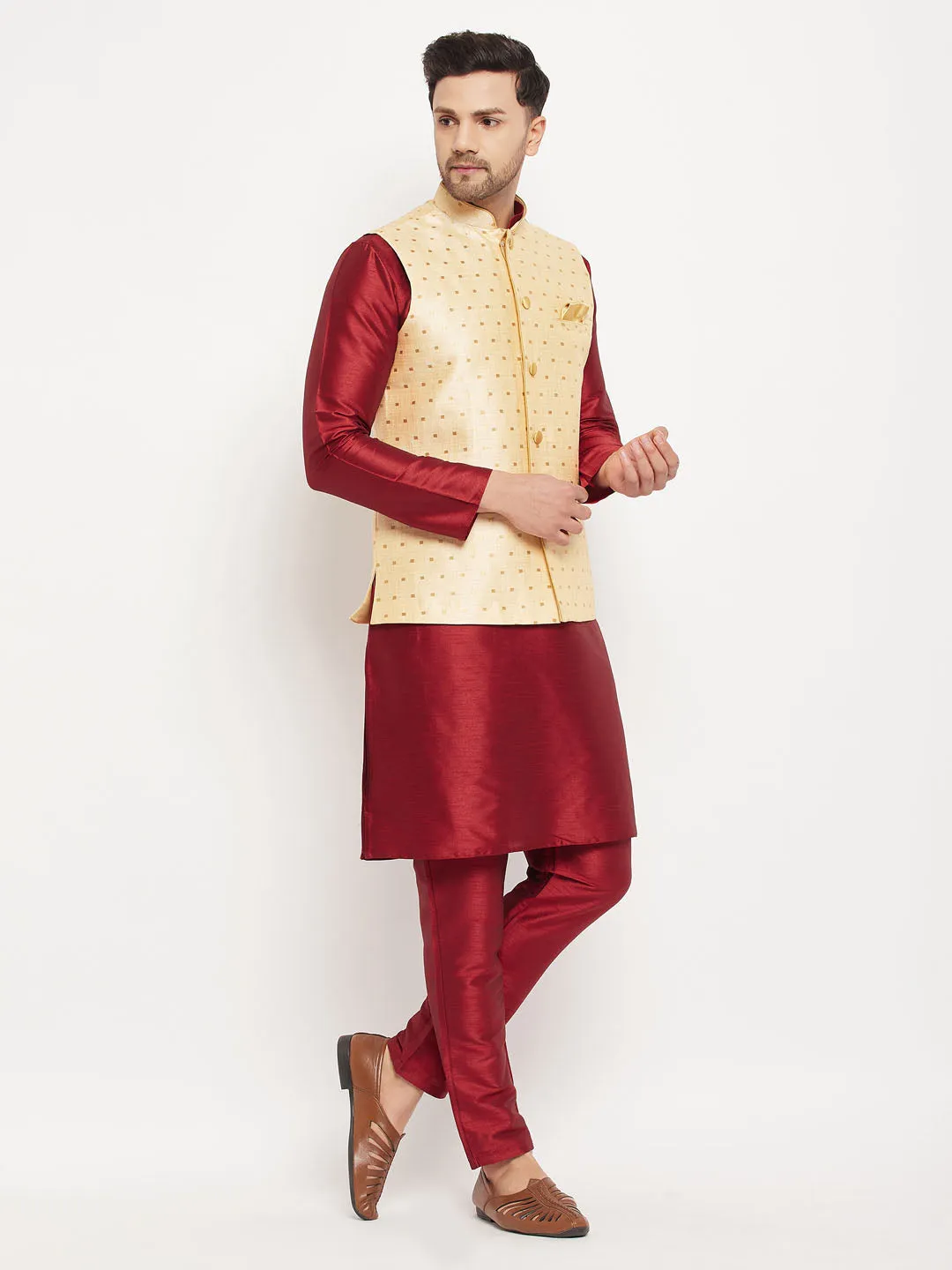 VM BY VASTRAMAY Men's Gold Zari Weaved Jacket With Kurta Pant Set