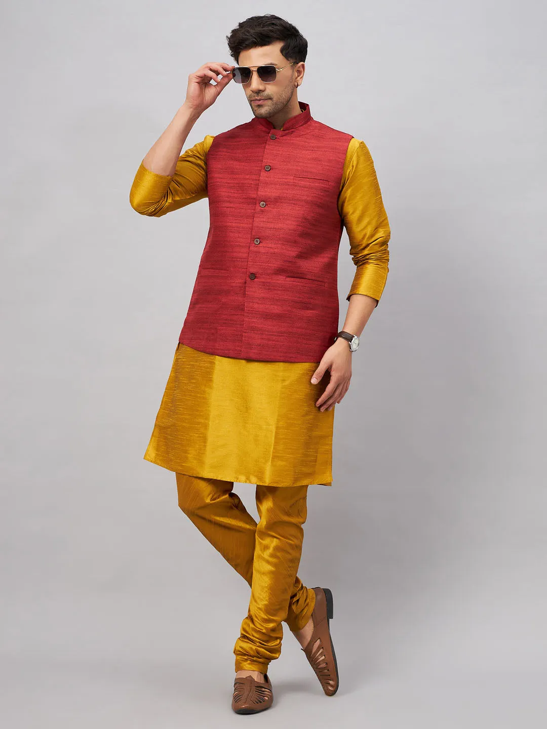 VM BY VASTRAMAY Men's Maroon Jacket With Mustard Kurta And Pyjama Set