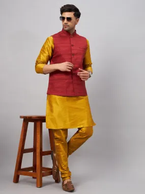 VM BY VASTRAMAY Men's Maroon Jacket With Mustard Kurta And Pyjama Set