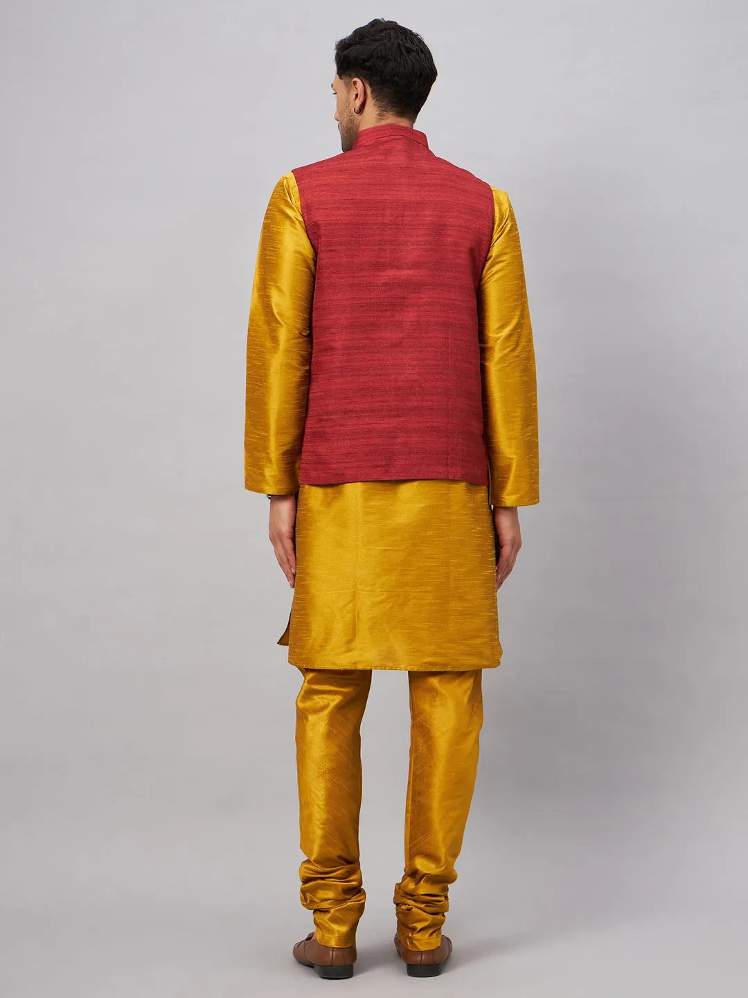 VM BY VASTRAMAY Men's Maroon Jacket With Mustard Kurta And Pyjama Set