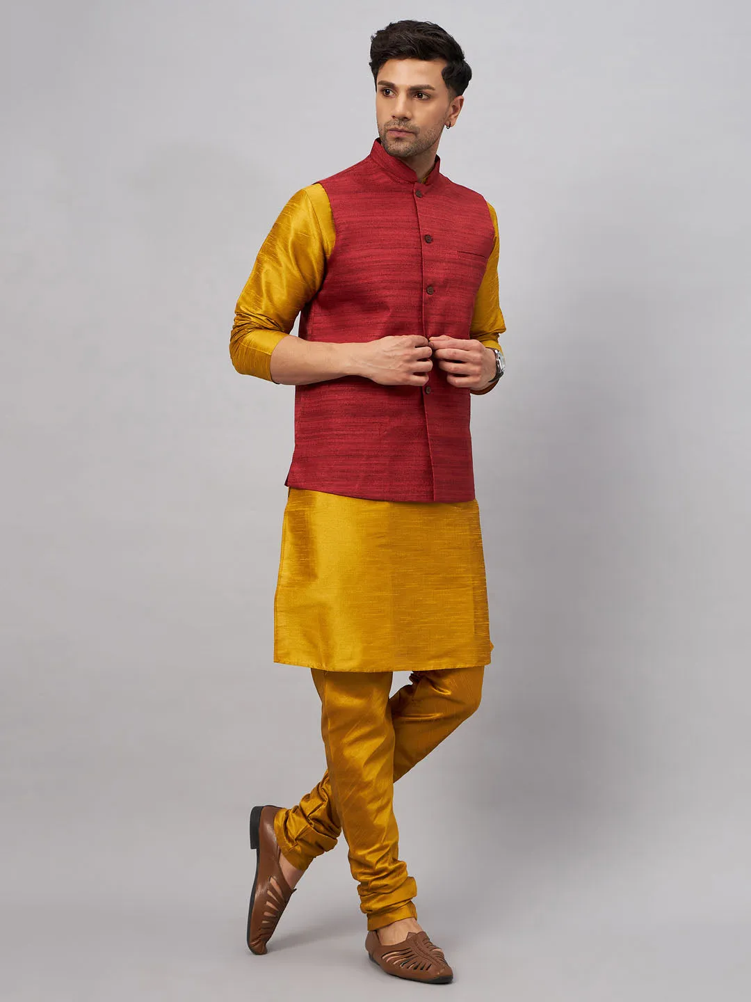 VM BY VASTRAMAY Men's Maroon Jacket With Mustard Kurta And Pyjama Set