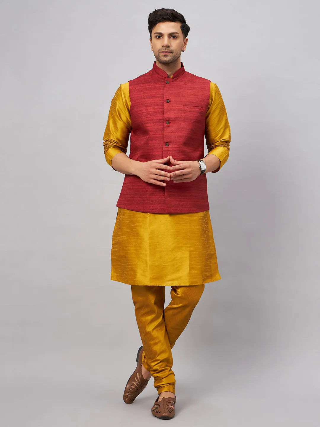 VM BY VASTRAMAY Men's Maroon Jacket With Mustard Kurta And Pyjama Set