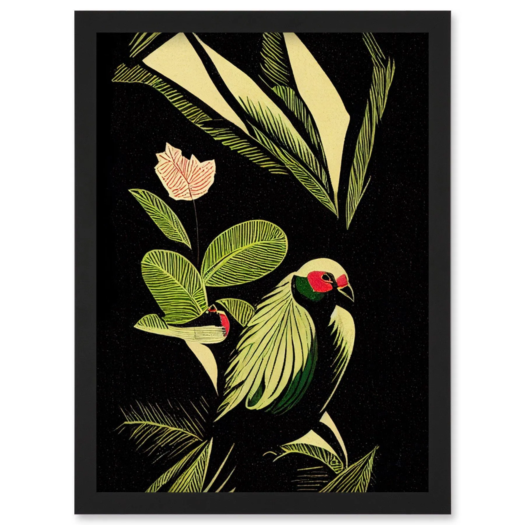 Wall Art & Pictures | Green Black Modern Vintage Tropical Plant Leaves with Bird Artwork Framed Wall Art Print A4 | Artery8