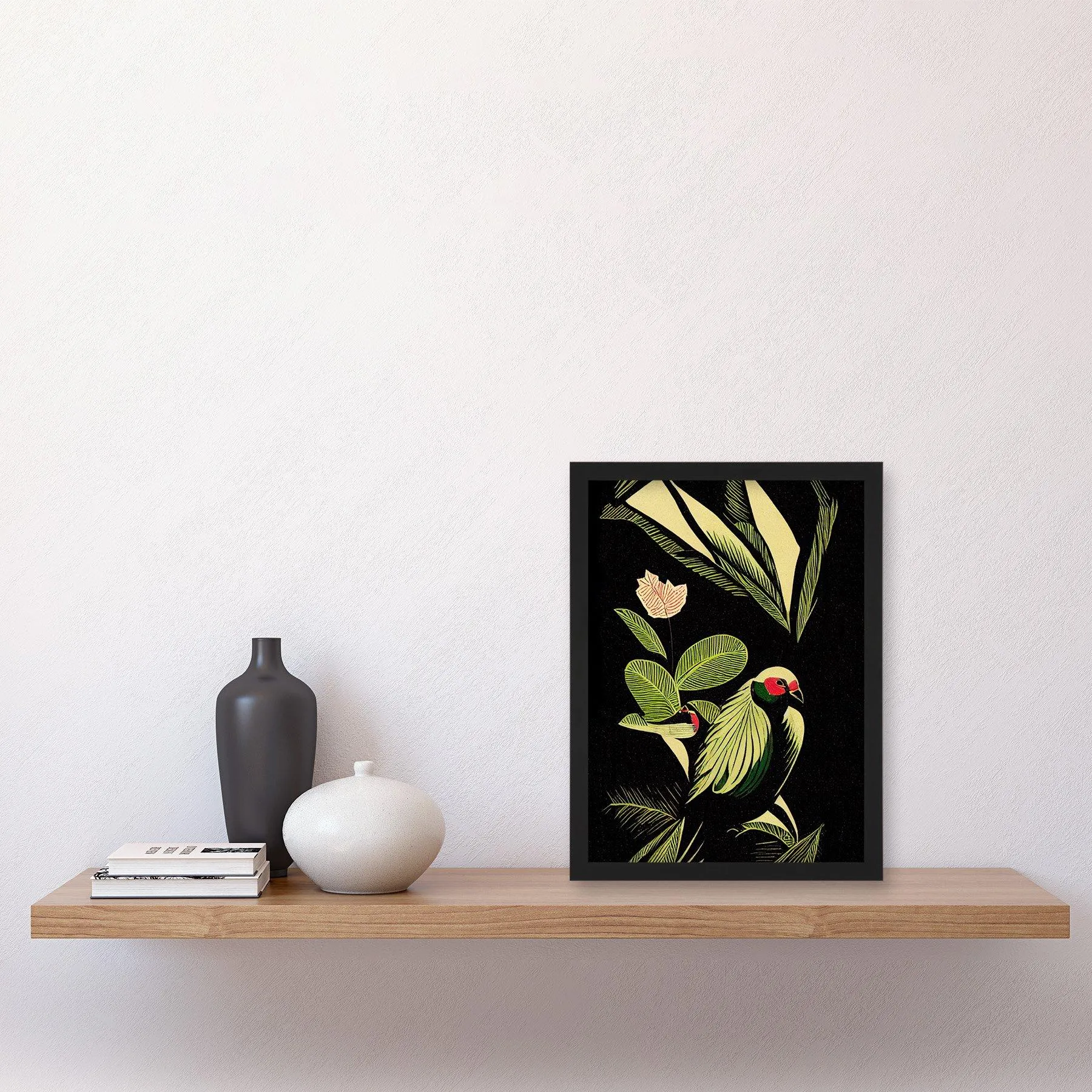 Wall Art & Pictures | Green Black Modern Vintage Tropical Plant Leaves with Bird Artwork Framed Wall Art Print A4 | Artery8