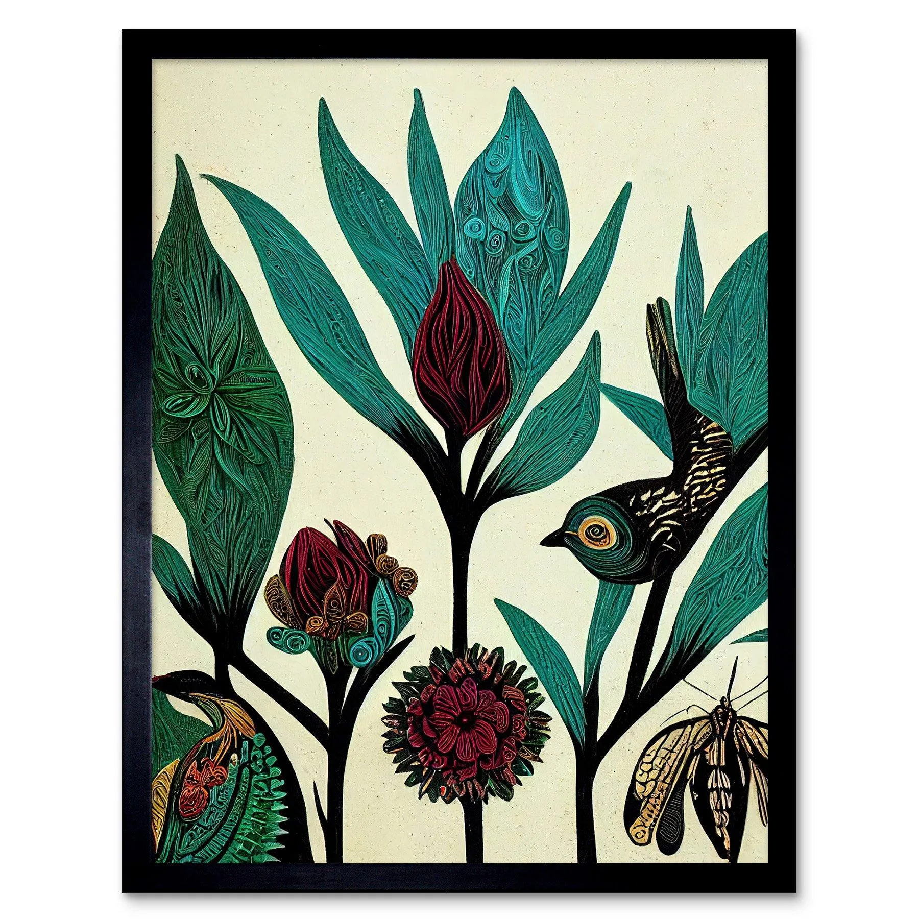 Wall Art & Pictures | Wall Art Print Abstract Folk Art Leaves Flowers Birds Vintage Style Green Burgundy Cream Black Art Fra