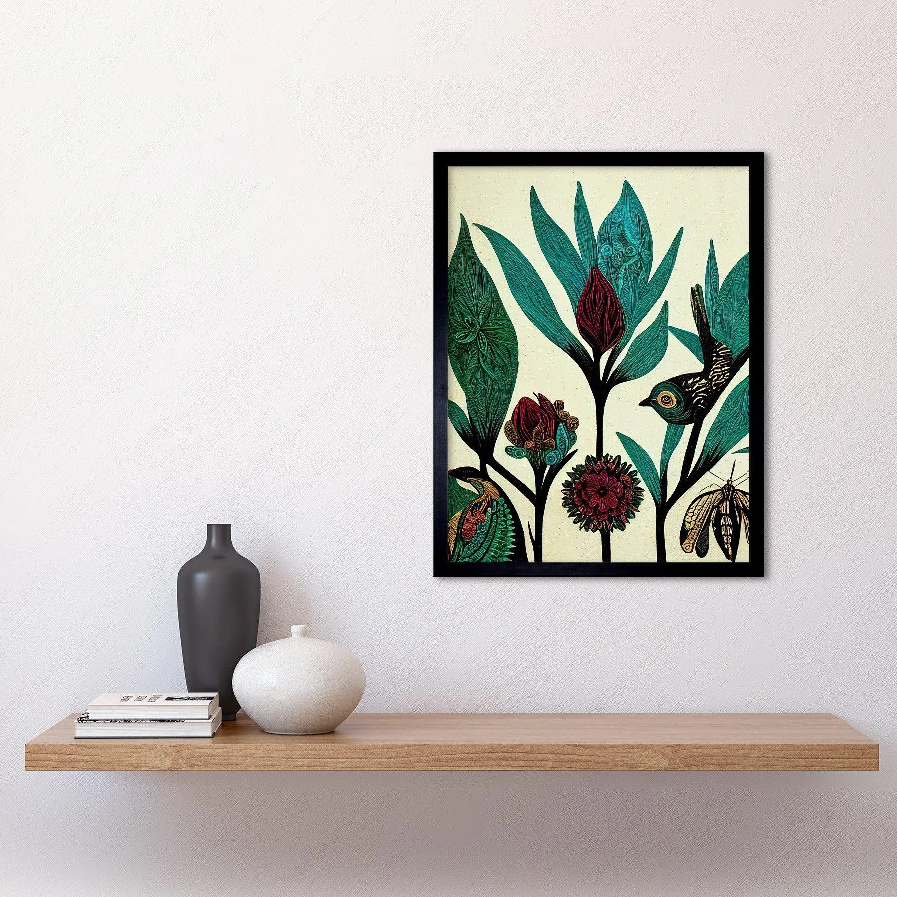 Wall Art & Pictures | Wall Art Print Abstract Folk Art Leaves Flowers Birds Vintage Style Green Burgundy Cream Black Art Fra