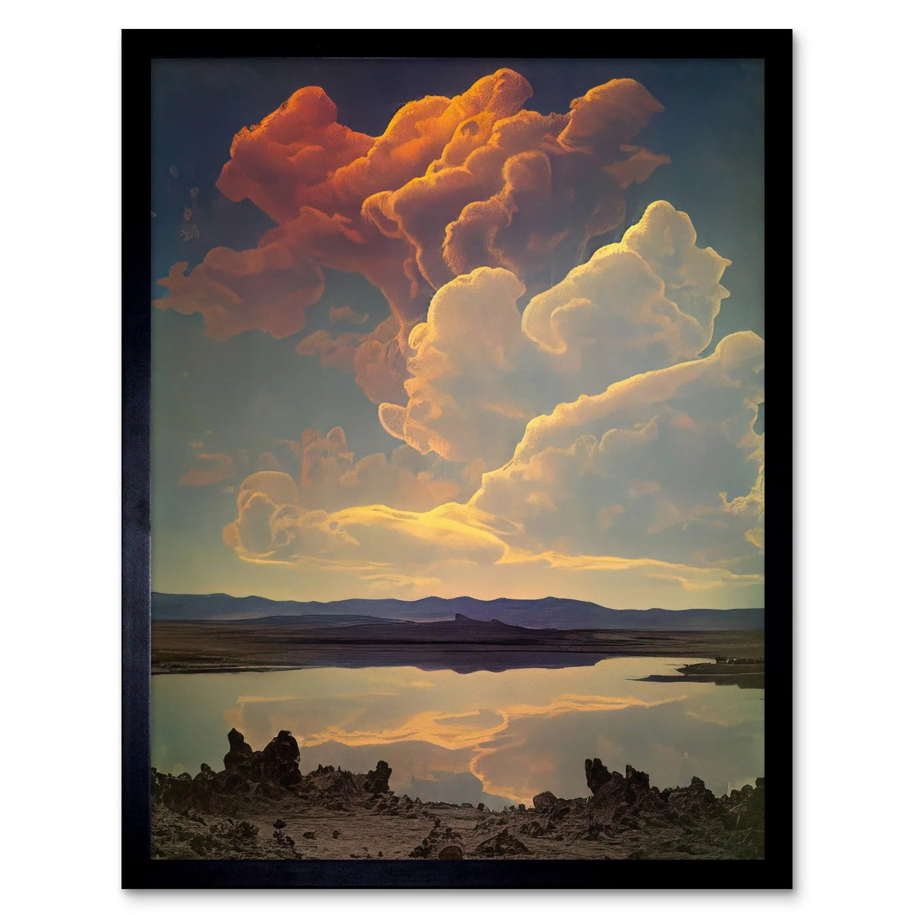 Wall Art & Pictures | Wall Art Print Vintage Style Atmospheric Cloud Reflections in Lake Modern Watercolour Painting Art Fra