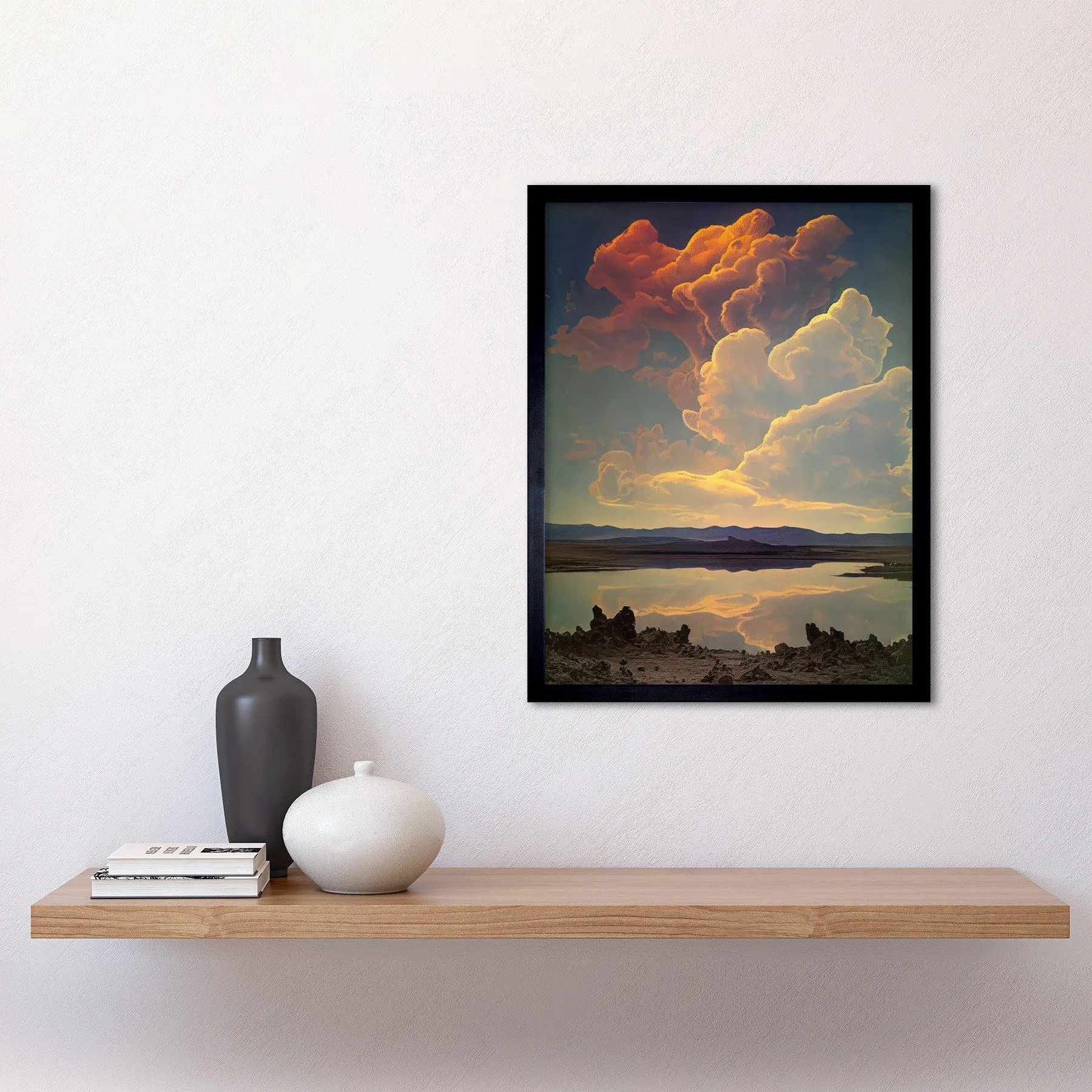 Wall Art & Pictures | Wall Art Print Vintage Style Atmospheric Cloud Reflections in Lake Modern Watercolour Painting Art Fra