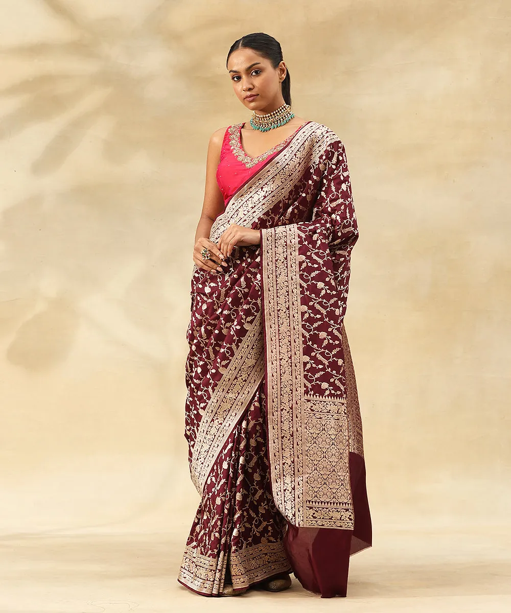 Wine Purple Handloom Pure Katan Silk Banarasi Saree With Floral Zari Jaal