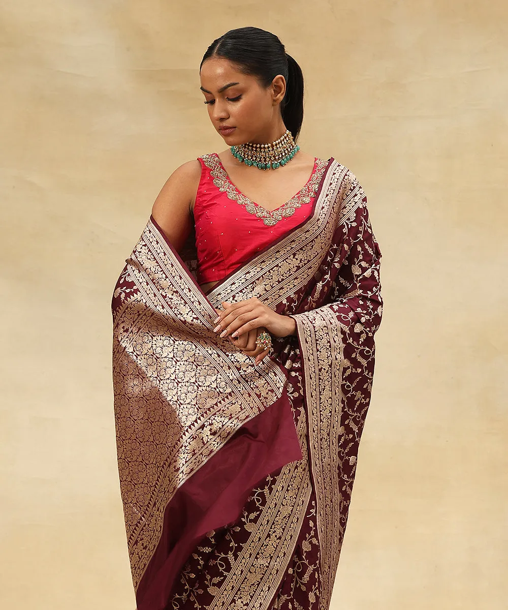 Wine Purple Handloom Pure Katan Silk Banarasi Saree With Floral Zari Jaal