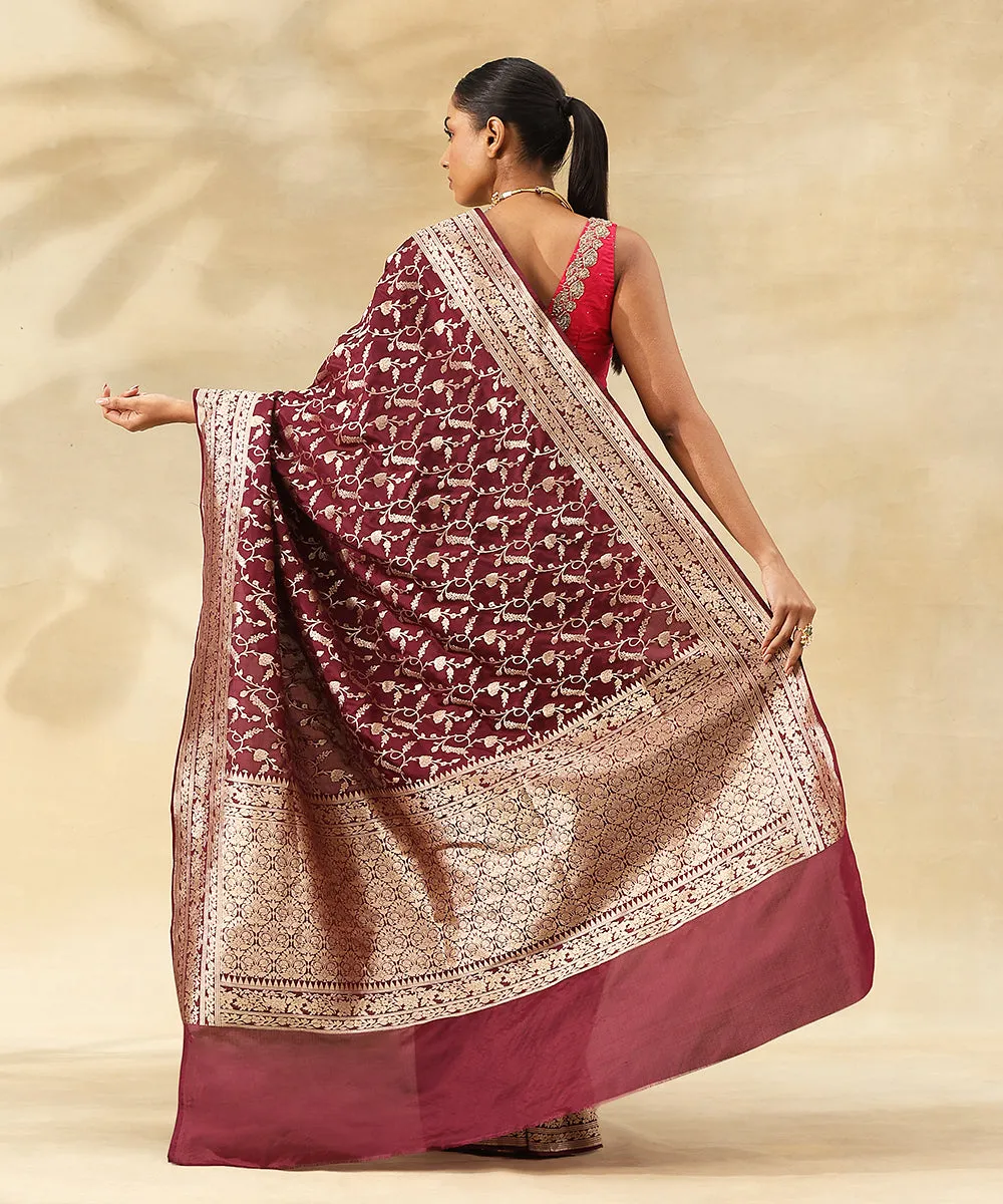 Wine Purple Handloom Pure Katan Silk Banarasi Saree With Floral Zari Jaal