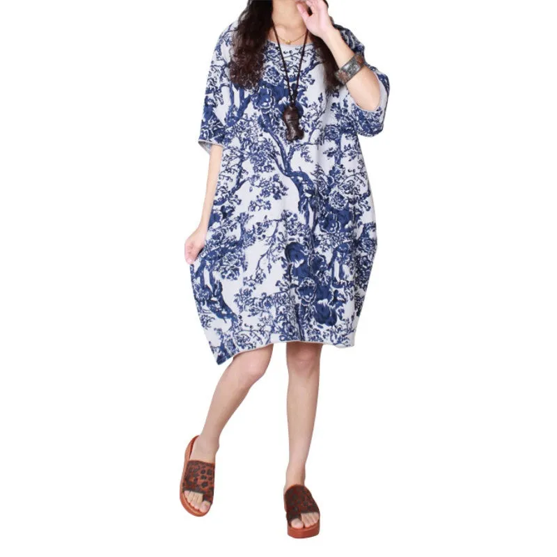 Women Ladies Half Sleeve Floral Casual Dress Cotton Linen Loose Dress M-XXL SM6