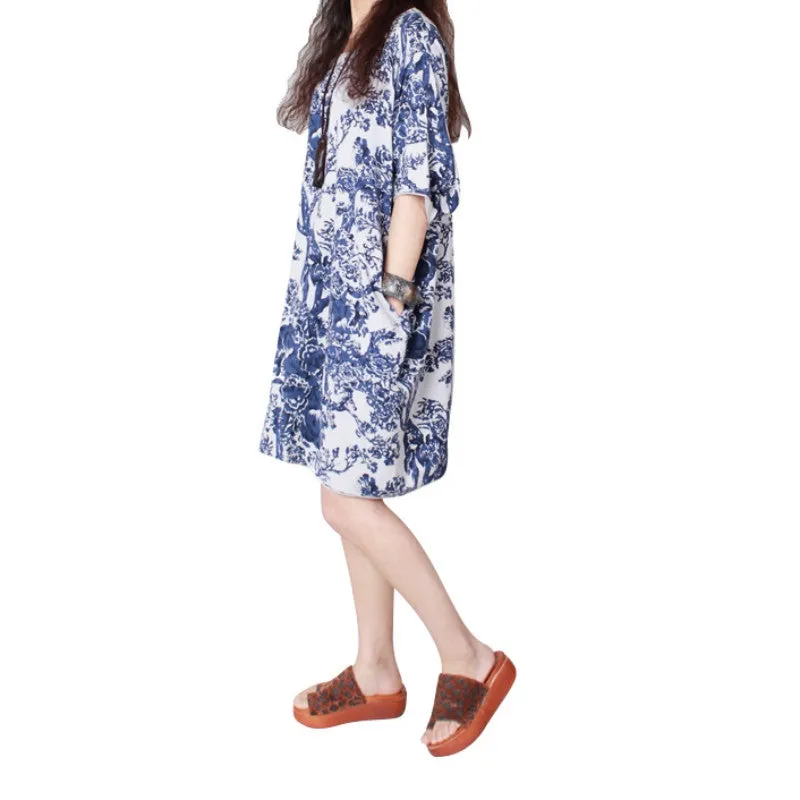 Women Ladies Half Sleeve Floral Casual Dress Cotton Linen Loose Dress M-XXL SM6