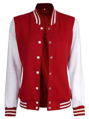 Women's White & Red Plain Lettermen Jacket